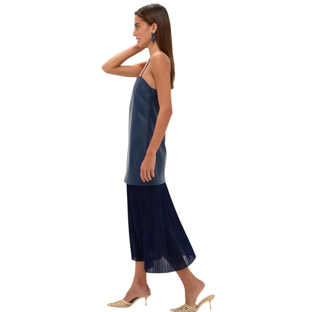 Hyacinth House Midi Dress Women's Size XS Navy New Vegan Leather Pleated - Picture 3 of 6